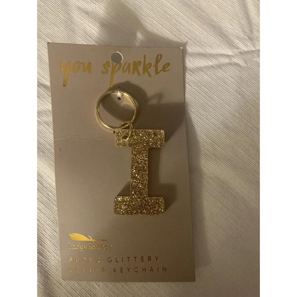 SUPER GLITTERY YOU SPARKLE LETTER I KEYCHAIN GOLD BRAND LUCKY FEATHER NWT